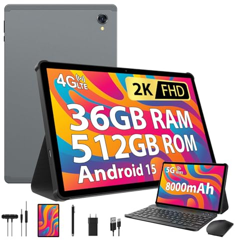 PIXPEAK Tablette 10.6 Pouces Android 15, 36GB RAM, 512GB ROM (TF 1TB), Tablet avec 4G SIM LTE & Wi-Fi, Octa-Core, 2000 * 1200, Widevine L1, 13+8MP, GPS, Tablette avec Clavier|Souris|Etui|Casque (Gris)
