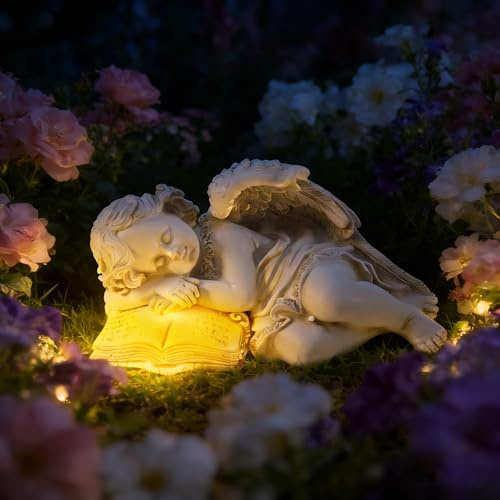 Solar Engel Gartenstatuen, Engelfigur mit LED Solarleuchten, Engel Gartenfiguren Solar Grablichter für Draußen, Schlafende Schutzengel-Figur, Gartendeko Figuren für Herbstdeko Hof, Friedhof, Terrasse