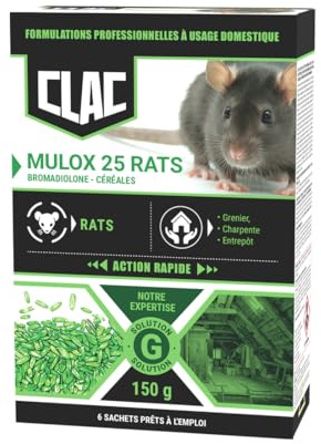 Clac Mulox25 Rats - Anti-Rats Puissant Professionnel - Céréales à base de Bromadiolone - Appât Très Appétent au Blé- Action Rapide - Intérieur & Extérieur (Greniers, Caves, Bâtiments)