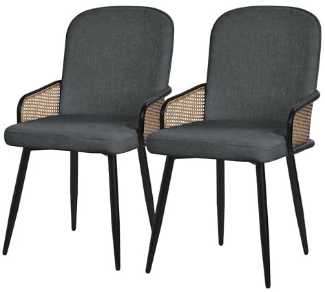ML-Design Esszimmerstühle 2er Set Anthrazit, Stoffbezug, Küchenstuhl mit Rattan Optik-Armlehnen, Gepolsterte Stühle mit Stahlgestell, Sessel ergonomisch Polsterstühle Akzentstühle für Esszimmer, Küche