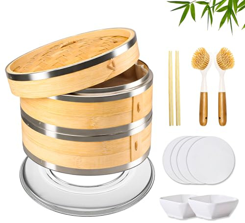 Bamboo Steamer Basket 10 Inch 2 Tier Set for Cooking | Dumpling Steamer Basket for Dim Sum, Bao Buns, Momos, Rice & Vegetables | Natural Bamboo Steamers with Liners & Accessories