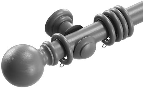 Loch & Skye Wooden Curtain Pole Set Fixed Length 35mm Thick Durable Quality Beechwood Curtain Rod with Finials, Rings & Brackets Wooden Rail Pole for Window & Eyelet Curtains (Grey, 240cm)