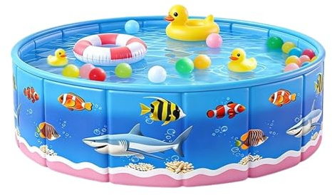 Jvjggag Piscina Pieghevole - Vasca Rotonda A Tema Marino Con Guscio Rigido,Piscina Pieghevole con Stampe Cartoon Senza Gonfiaggio | per Bambini Bambine Piccoli Cani Cortile Giardino Terrazzo Prato
