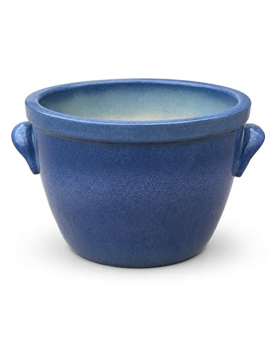 K&K Pflanzkübel Venus II 36 x 26 cm Blumentopf mit Henkel aus frostfester Steinzeug-Keramik, Pflanztopf mit Bodenloch für Garten, Terrasse, Balkon (Blau-geflammt)