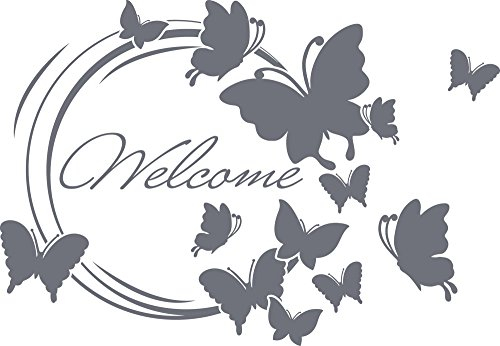 GRAZDesign Wandtattoo Flur Welcome Schmetterlinge, Willkommen Spruch, Sprüche für Eingang Wandaufkleber - 43x30cm / 071 grau