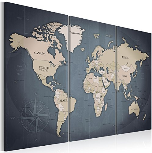 B&D XXL Weltkarte Pinnwand & Vlies Leinwand Bild 90x60 cm Bilder mit Kork Rückwand 3 Teilig Kunstdruck Korktafel Korkwand Memoboard Pinboard Wandbilder Karte Landkarte k-A-0058-p-h