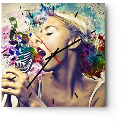 Modern Wanduhr Singen mikrofon Energie 40x40cm Quadrat Groß Wand Uhr Glas Analog Zimmeruhren Küche Büro Wohnzimmer Glasuhr Wall Clock Dekoration Design Wanddekoration Küchenuhr C3AC40x40-2622