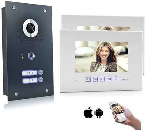 MATHFEL 2-Draht Bus Fingerprint Video Türsprechanlage, 2 Familienhaus Set, 7'' Monitor, Anthrazit, 2x7'' Monitor in weiß