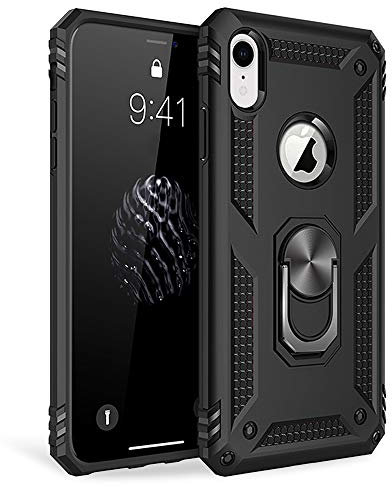 NALIA Ring Cover compatibile con iPhone XR, Custodia Resistente per Supporto Magnetico Auto, Anello Girevole 360 Gradi Rotazione, Protettiva Hard-Case & Silicone Bumper Copertura, Colore:Nero
