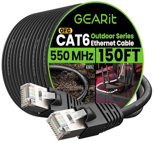 GearIT Cable Ethernet Cat6 para exteriores (150 pies) 23AWG cobre puro, FTP, LLDPE, impermeable, entierro directo, en tierra, resistente a los rayos UV, POE, red, LAN, Internet, Cat 6, cable Cat6 -