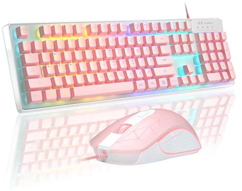 Gaming Keyboard and Mouse Combo, MageGee K1 RGB LED Backlit Keyboards with 104 Key Computer Gaming Keyboard for PC/Laptop (Pink)