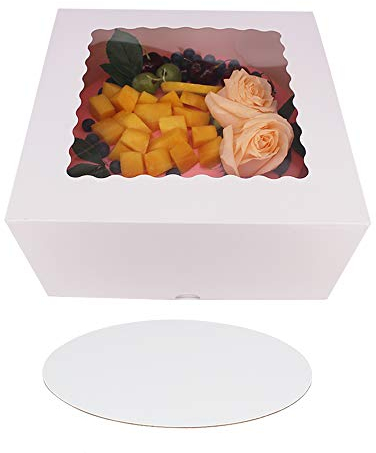 ZMCYN 25,4 x 25,4 x 12,7 cm weiße Kuchenboxen mit Fenster, extra 10 Kuchenbretter, langlebige quadratische Kuchenboxen für Lebensmittel, Bulk Kuchenbox für Geburtstag, Partys und Hochzeiten (10 Stück)