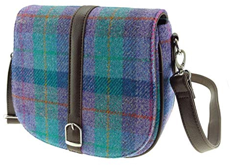 Damen Umhängetasche aus Harris Tweed, Grüner und Lila Tartan