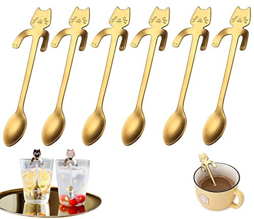 FANSEZQ 6 cucharas de café de Acero Inoxidable de con Forma de Gato, diseño Colgante de Gato, Cuchara de té, Cuchara de Postre, Utilizada para Agua, té, Leche, café, Postre, Bebidas (Dorado)