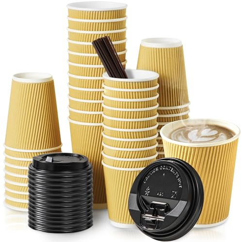 Fit Meal Prep 50 Pack 12 oz Insulated Ripple Triple Wall Paper Coffee Cups with Black Lids, Premium Disposable, Brown To Go Anti Slip for Hot Beverage, Christmas, Travel, Office