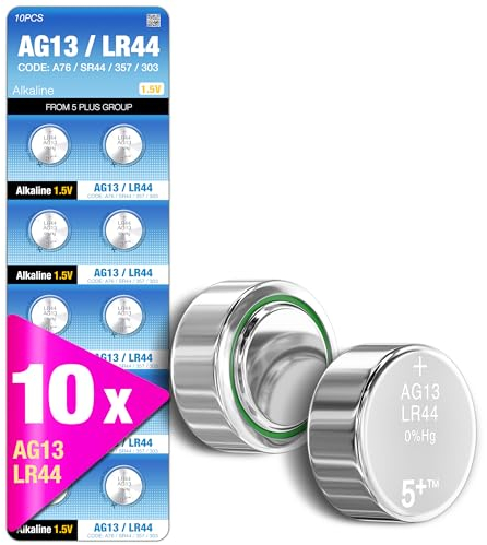 5Plus 10-Pack LR44 AG13 357 303 SR44 A76 675 392 394 384 376 1.5V Alkaline Button Cell Batteries – Ideal for Watches, Hearing Aids, Glucometers, Key Fobs, Car Keys, and Small Electronics
