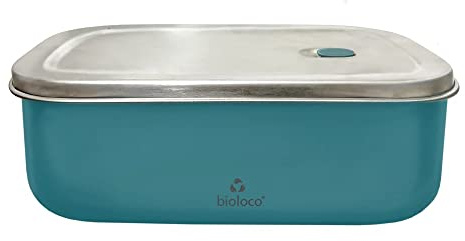 Chic.Mic Lunchbox aus der Bioloco Sky Kollektion, in der Farbe Teal, aus Edelstahl, mit praktischem, herausnehmbaren Trennsteg, geruchs- und geschmacksneutral, Maße: 20 x 14 x 7 cm, BSLB106