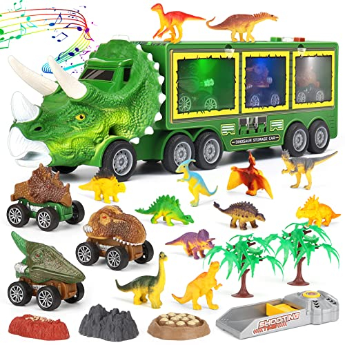 Aoskie Dinosaure Jouet Camion de Transporteur Jouet avec Lumière et Son, 23 Pcs Dinosaure Jeu Voiture Dinosaure Cadeau pour Enfant 3 4 5 Ans