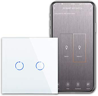 CNBINGO Smart Touch Lichtschalter Arbeiten mit Alexa, Google Assistant - WLAN Schalter unterputz - mit Glas Panel - Wandschalter zweifach in Weiß - Neutralleiter Wird Benötigt - 600W/Fach