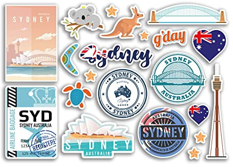 A5 Sticker Sheet Sydney Vinyl Stickers - Opera House Bridge Australia Landmarks Holiday Stamp Summer Map Flag Travel City Luggage Scrapbooking #79030