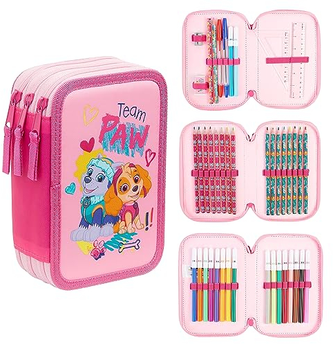 PAW PATROL Federmäppchen Groß Etui Stifte Jungen und Mädchen Stifte Kinder Gefüllt Federmappe Schulsachen Einschulung Geschenk Grundschule Kindergarten Schulbedarf (Rosa Dreifach-Reißverschluss)
