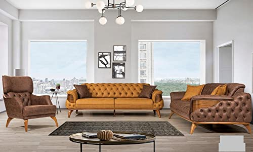 JV Möbel Luxus Sofagarnitur 3+3+1 Sitz Leder Chesterfield Sofa Sessel Braun Sofas Set 3tlg