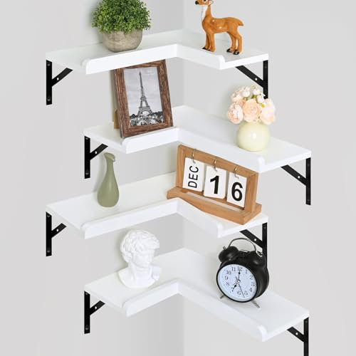 Livofloral 4-stöckige Eck-Schweberegale mit Schutzlippe, Eckregal Hängend zur Aufbewahrung, Rustikale Holzeck-Wandregale für Badezimmer, Schlafzimmer, Küche und Wohnzimmer, Weiß