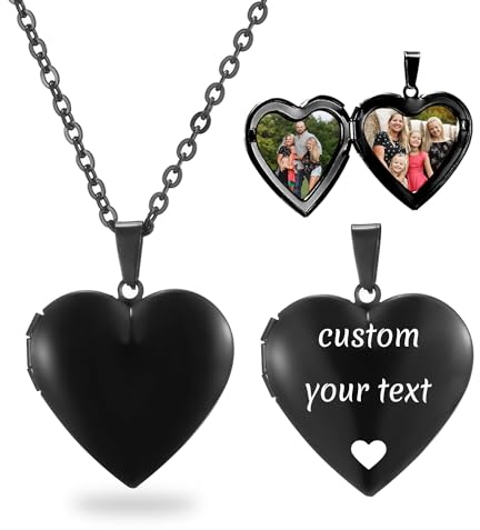PHOCKSIN Glossy Black Lockets Personalised Heart Locket Necklace Custom Photo Locket Necklace for Women Picture Locket Pendant Necklace Engraved Any Text & Symbols Customized Lockets