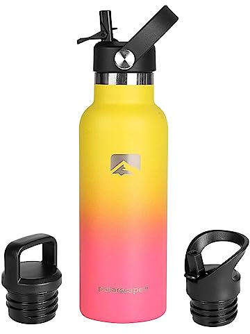 Polarscape Stainless Steel 500ml Insulated Water Bottle with Straw - Includes 3 Lids, 2 Straws, and Straw Brush - Narrow Mouth, Double-Walled, BPA Free, Leak Proof - 500ml SunnySorbet