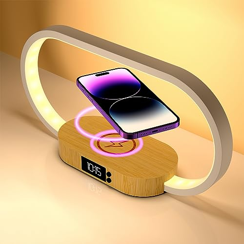 m zimoon Nachttischlampe mit Schnellem Kabellosem Ladegerät, Schreibtischlampe LED mit Uhr, Tischlampen für Nachttisch, Touch-Nachtlicht für Schlafzimmer, Holzdekor, 3 Farbmodi
