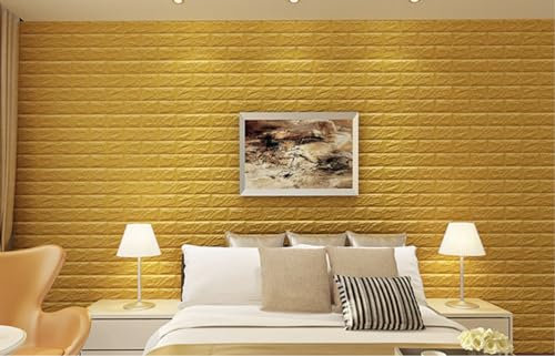 RHP Papier peint 3D - Panneaux muraux autocollants - Brique - Étanche - Revêtement mural moderne - Aspect pierre - Montage rapide et facile (5 pièces, moutarde)