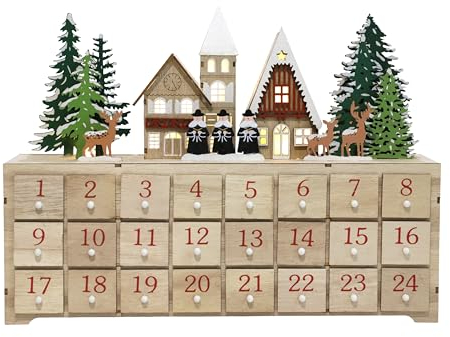PE Weihnachten Adventskalender zum Befüllen Holz mit LED und 24 Schubladen - Weihnachtskalender mit Dorf Szene und Rentier - Handgefertigter Weihnachtsdeko für Kinder und Erwachsene 37,5x8x27cm
