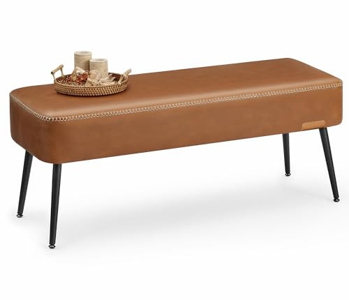 VASAGLE EKHO Collection - Bench for Entryway Bedroom, Synthetic Leather with Stitching, Ottoman Bench with Steel Legs, Living Room, Mid-Century Modern, Loads 660 lb, Caramel Brown ULOM076K01