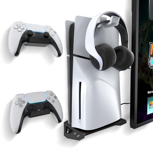 Kit de montage mural fin pour PS5 avec 2 supports de manette et 1 crochet pour casque, support mural flottant amélioré avec fixation à vis – Noir (compatible avec disque et édition numérique)