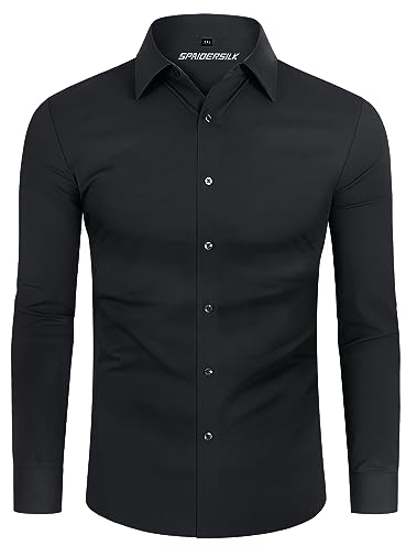 DEMEANOR 4-Way Stretch Mens Shirts Long Sleeve Muscle Fit Formal Dress Shirts for Men Non Iron Casual Shirts Business Wedding Work Black