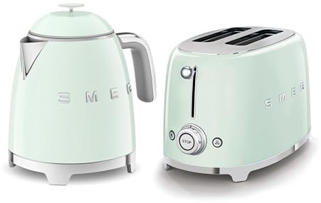 Smeg 50’s Style Retro Range Breakfast Set, 0.8L 1400W Mini Kettle and Multi-Functional Control 2-Slice 950W Toaster, Pastel Green, KLF05PGUK/ TSF01PGUK