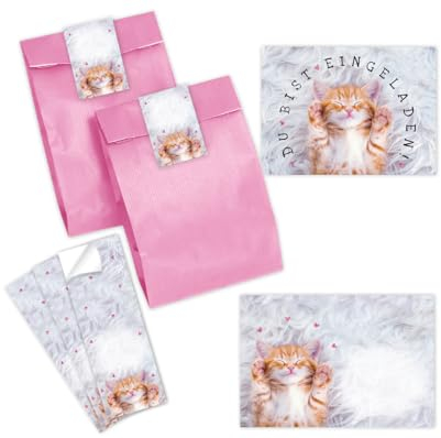 Minkocards 12 Einladungskarten zum Kindergeburtstag Mädchen Katze Einladungen zum Mädchengeburtstag incl. 12 Umschläge, 12 Partytüten/rosa, 12 Aufkleber