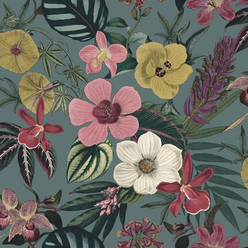 Priya Large Scaled Oriental Floral Themed Wallpaper Petrol Green and Colourful Blossoms for Feature Walls and Bedrooms Living Room Wall Decoration Rasch 284279