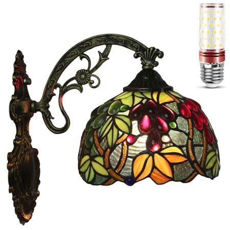 Uziqueif Wandleuchten, Tiffany Wand Lampe mit 8 Zoll Lampenschirm aus Buntglas und Gestell aus Metall, Wandlampen Vintage Wand Licht für Innen Wohnzimmer Korridor Treppen Flur, Grape