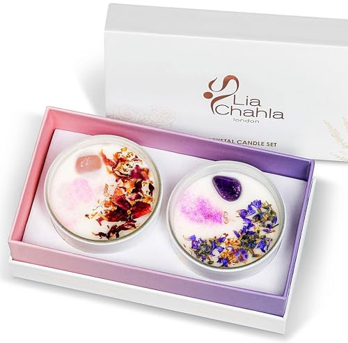 LIA CHAHLA LONDON Luxury Crystal Candle Gift Set for Women Aromatherapy Candles, Lavender & English Rose Scented Candles Set of 2 with Healing Crystals, Amethyst & Rose Quartz