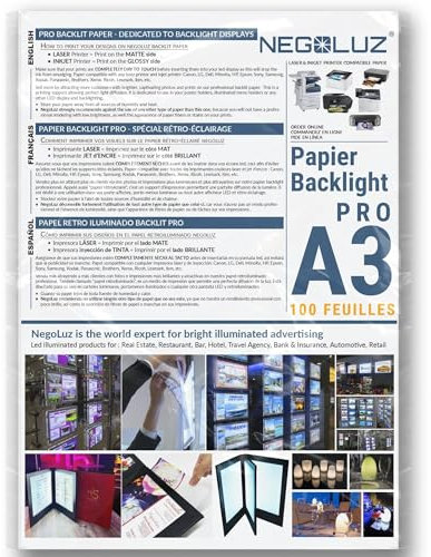 Papier Backlight A3 Rétroéclairé PRO 100 Feuilles pour Porte affiche Vitrine LED et Porte Menu Lumineux. Papier Spécial rétro éclairage NegoLuz ® pour professionnel compatible avec toute imprimante