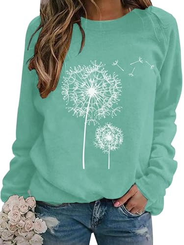 Dresswel Damen Löwenzahn Sweatshirt Langarmshirt Pusteblume Drucken Pullover Herbst Winter Bluse Tops Oberteile(Mintgrün, M)