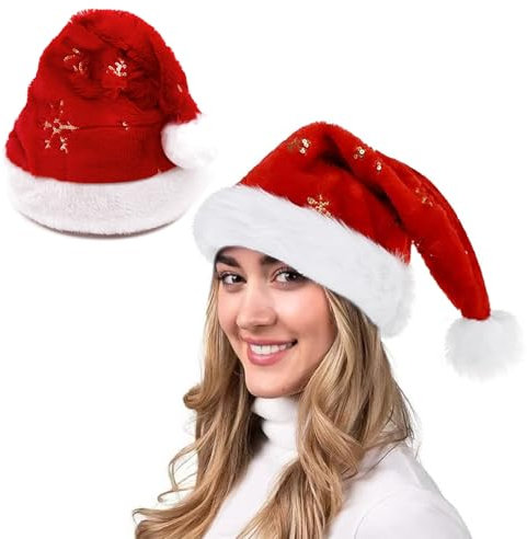 Liwein Weihnachtsmütze, Rote Santa Mütze Warm Dicker Nikolaus Mütze, Plüschkrempe Weihnachtsmann Santa Nikolaus Mütze mit Golden Pailletten Schneeflocke für Männer Frauen