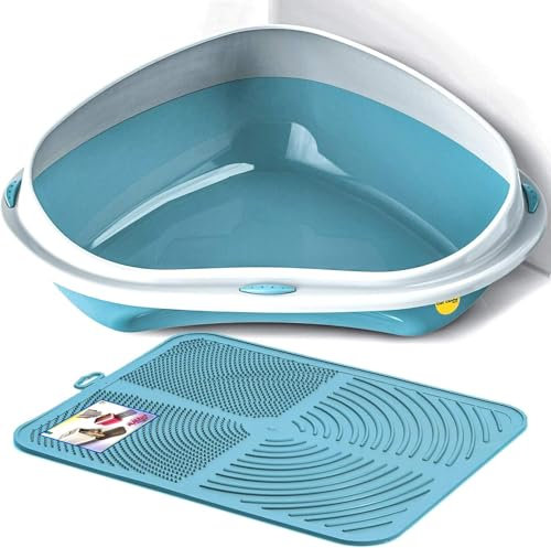 Cat Centre Katzenklo Offen Ecktoilette Für Katzen Eckkatzentoilette Katzentoilette Ohne Deckel Mit Blauer Katzenstreu Matte Blau XL 58 x 48 cm