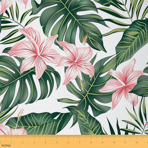 Tissu de Fleur de Lys Tissus Au Metre,Tissu Tropical de Meubles de Plante de Feuille de Tartan,Aquarelle Chic Pastel Tissu Imperméable,Tissu Décoratif de Fleur de Tie Dye,Rouge Vert,92x150 (HxB)