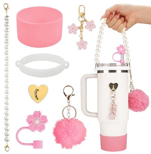 Juego de Accesorios Compatible con Stanley Cup de 7 Piezas – Incluye Botín de Silicona, Correa para Botella de Agua, Tapa para Pajita, Charms Compatible con Stanley para Tumbler (Rosa)