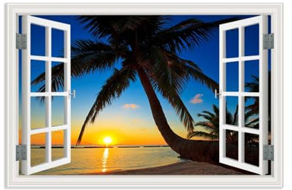 Quadri Finestra Aperta Sul Mare,Paesaggio tropicale della natura della spiaggia di tramonto,Quadro su Tela Stampa Artistica Mare Blu Natura Quadri Moderni Soggiorno Grandi45x30cm(18x12in)poster