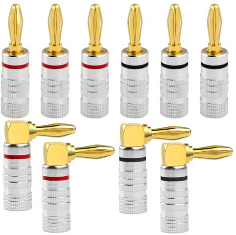 URHRHU 10 Stück Bananenstecker Lautsprecher Schraubbar 4mm Vergoldet Stecker mit Farbcodierung - 3 Paar Gerade & 2 Paar 90-Grad-Winkel Bananenstecker für Lautsprecherkabel Verstärker Hi-Fi AV Receiver
