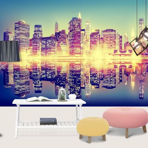 Stadtnachtansicht Muralo Fototapete,Stadt reflektiert,3D Effekt Moderne Wandtapete Wanddekoration für Wohnzimmer Schlafzimmer Esszimmer,430x300cm