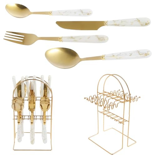 24pcs VAVPUP Cutlery Set for 6 Persons,Marble Texture Handle Stainless Steel Knife,Fork and Spoon Hanging Cutlery Set,Mirror Polished Cutlery Set for Home Kitchens,Dishwasher Safe (White)